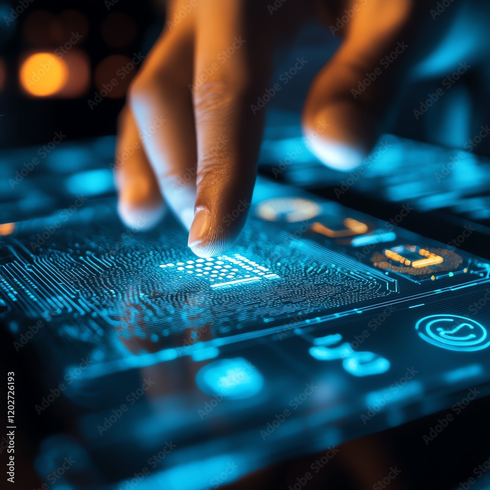 Poster interactive technology display with glowing circuit patterns during a digital demonstration