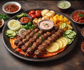 A platter of freshly grilled Cevapcici served with sides, Turkish delight, flavorful, appetizing