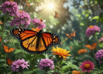 Obraz premium A solitary monarch butterfly sipping nectar from a flower in a garden full of butterflies, botanical, colorful, insects