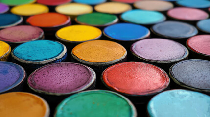 Naklejka premium Vibrant Collection of Colorful Paints in Circular Containers for Artistic Inspiration