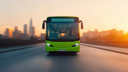 Obraz premium Sustainable urban transport initiative green bus driving through cityscape at sunset modern infrastructure dynamic view