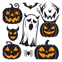 Set of black Jack-o'-lanterns silhouettes isolated on white background