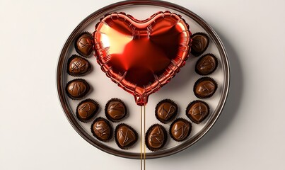 Red heart balloon atop chocolates in a round box.