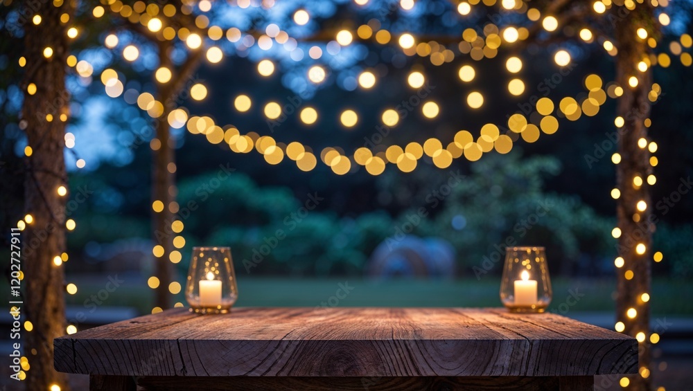 Wall mural rustic wood board table mockup surface with glowing candles and gold bokeh string lights with outdoo