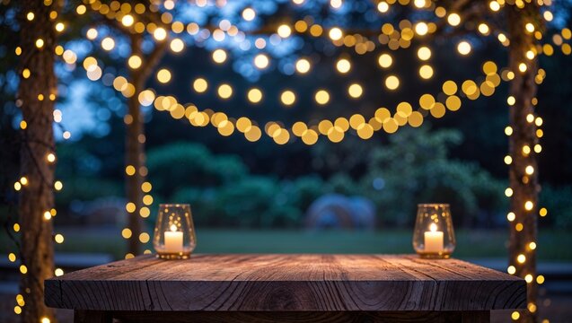Rustic wood board table mockup surface with glowing candles and gold bokeh string lights with outdoor background