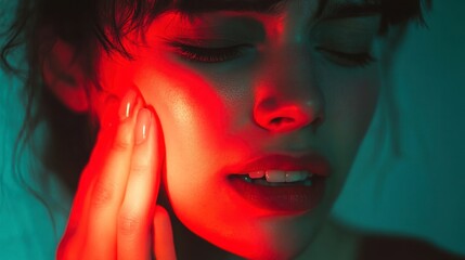 Woman Holding Cheek in Pain, Red and Teal Light, Close-Up