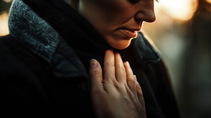 Woman Feeling Sad, Clutching Chest Outdoors at Sunset