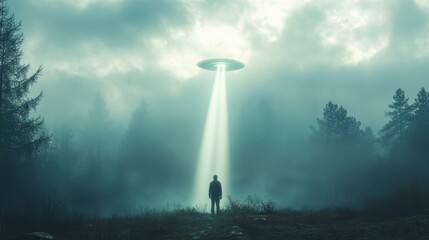 Fototapeta premium Man Silhouetted, Watching UFO in Foggy Forest - Sci-Fi Mystery
