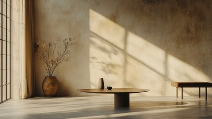 Sunlit minimalist room with wooden coffee table, vase, and bench.