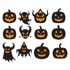 Set of black Jack-o'-lanterns silhouettes isolated on white background