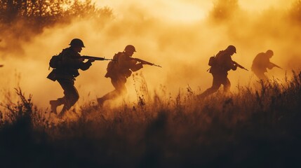 WWII Soldiers Running Through Dust-Filled Battlefield at Sunset