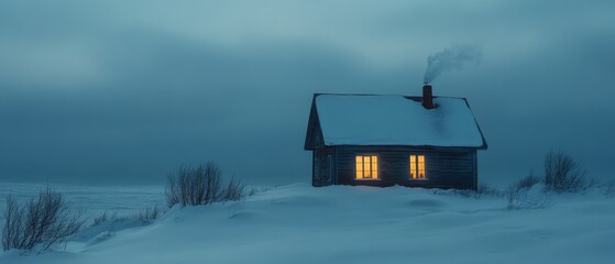 A cozy cabin with glowing windows amidst a snowy landscape as smoke curls gently from its chimney,...