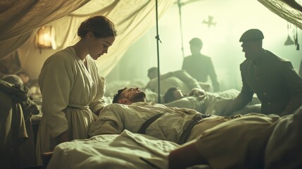 Sad Nurse Comforting Wounded WWI Soldier in Field Hospital Tent