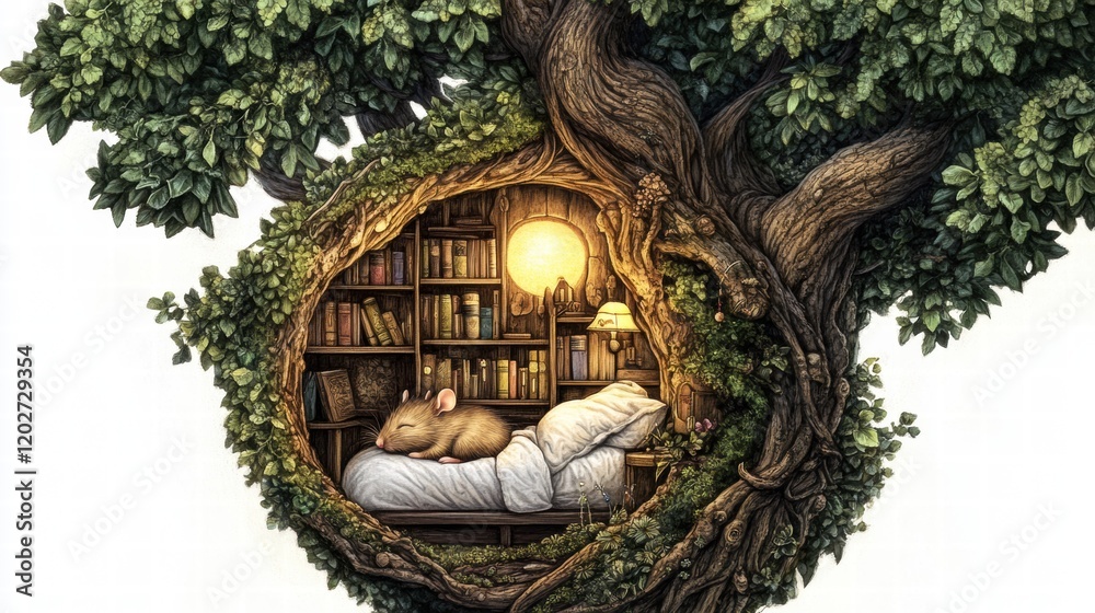 Poster Cozy mouse sleeping in a tree hollow surrounded by books and soft light in an enchanting woodland setting. Generative AI