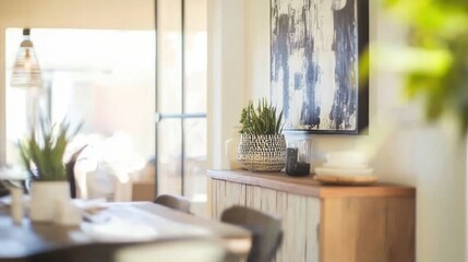Fototapeta premium Sunlit modern dining room with plants, artwork, and wooden sideboard.