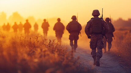 Silhouetted Soldiers Marching at Sunset, War, Military, Dusk