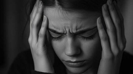 Teen Girl Suffering from Headache, Sad Expression, Dark Background