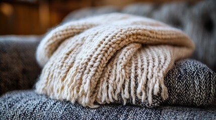 Cozy blanket arrangement living room high-resolution textures indoor environment close-up view weekend serenity