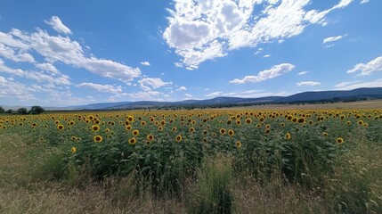 A breathtaking view of a sunflower field under a blue sky dotted with clouds, with sunflowers in full bloom.