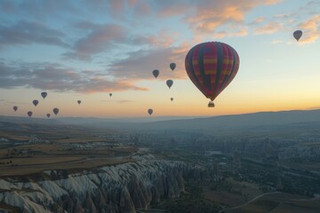 Obraz premium Serene hot air balloon adventure over a picturesque valley cappadocia travel experience scenic environment aerial view peaceful journey with breathtaking landscapes