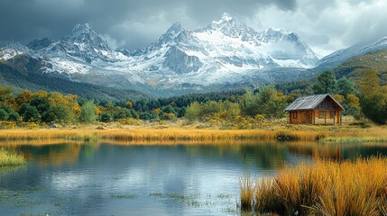 Fototapeta premium Majestic mountain landscape with changing weather serene lake reflection autumn colors natural environment wide angle view