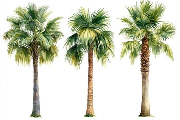 Three watercolor palm trees with lush green fronds and textured trunks.