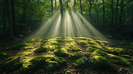 Sunbeams Illuminating Mossy Forest Floor