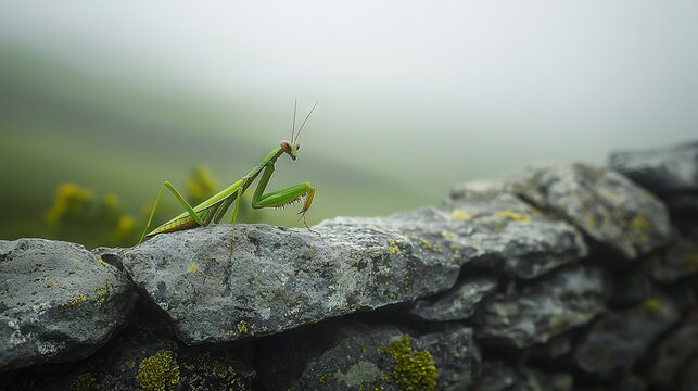  A praying mantis, in close-up, perched on a moss-covered rock wall