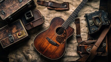 Fototapeta premium Vintage Acoustic Guitar with Antique Leather Cases and Film Cameras on Grunge Background