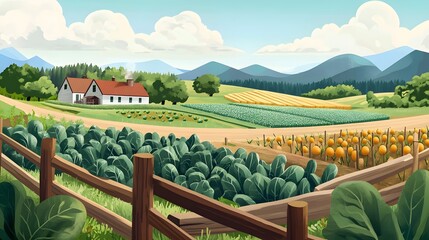 Fototapeta premium Farm House nestled in a valley with various crops