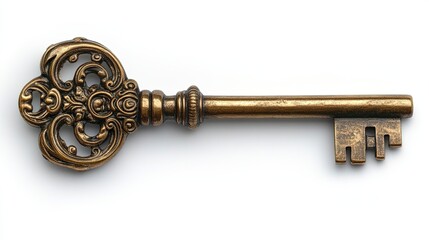 Ornate vintage key resting on a smooth surface, showcasing intricate designs and details