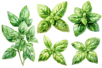 A collection of watercolor illustrations of basil leaves in various shapes and sizes.
