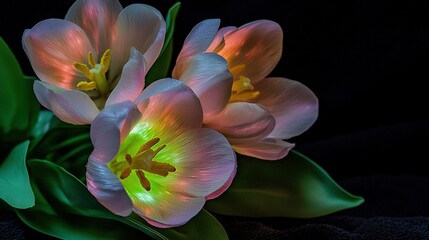 Fototapeta premium A pair of pink blooms rest on top of a verdant carpet of green foliage against a dark backdrop