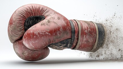 A worn red boxing glove appears to punch through dust, symbolizing strength and determination.
