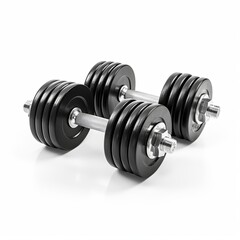Fototapeta premium A pair of black metal dumbbells isolated on a white background. The dumbbells are made of cast iron and have a knurled grip. The weights are marked with their weight in kilograms.