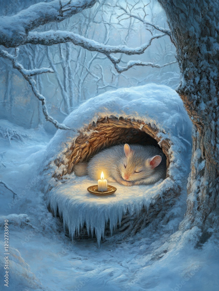 Aufkleber winter serenity with a mouse sleeping beside a candle in a snowy forest. generative ai
