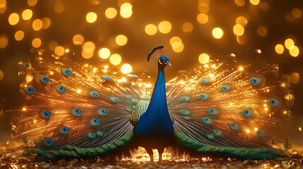 Majestic peacock displaying feathers, golden bokeh background, festive card