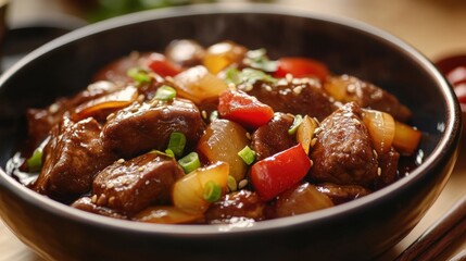 Close up of sukiyaki on black bowl