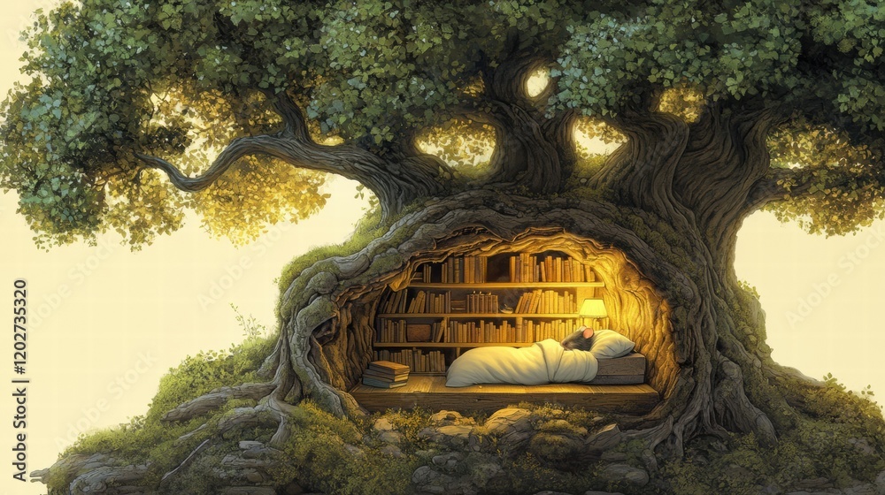 Poster Cozy reading nook nestled in a large tree with a warm light illuminating a peaceful sleeping area. Generative AI