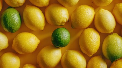   A group of lemons and limes, with a lime on top of a lemon and the other at the bottom