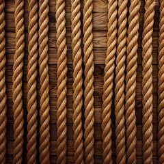 This studio shot showcases thick rope coils elegantly arranged against a rustic wooden background. The ropes are intertwined in various patterns, creating a visually striking and textured display.