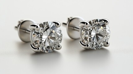 Close-up of elegant diamond stud earrings on a smooth surface, showcasing brilliance