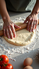 Fototapeta premium Flattening Pizza Dough with Hands