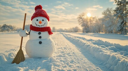Cheerful snowman with a broom standing on a snowy path during sunset