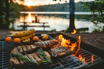 A grill with meat and vegetables on it, with a lake in the background