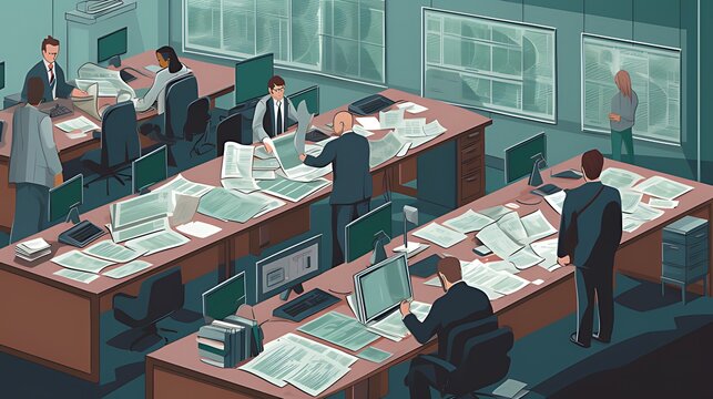 Busy newsroom staff sorting papers, deadline pressure