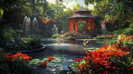 Fototapeta premium Serene Garden Oasis: A Tranquil Haven with a Pagoda and Birds