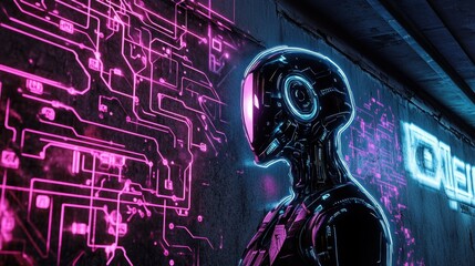 Obraz premium A futuristic graffiti-style wall painting of a robotic figure surrounded by glowing neon circuits and data streams.