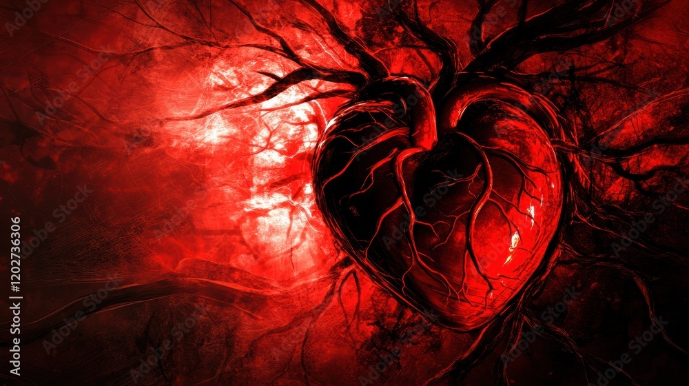 Leinwandbilder dark heart with intricate roots glowing in red light surrounded by shadows and textured background i