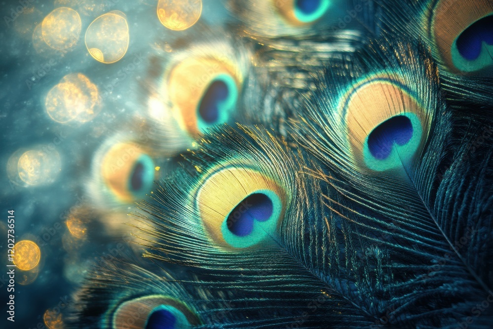 Leinwandbilder vibrant peacock feathers displaying iridescent colors against a blurred background in a colorful com